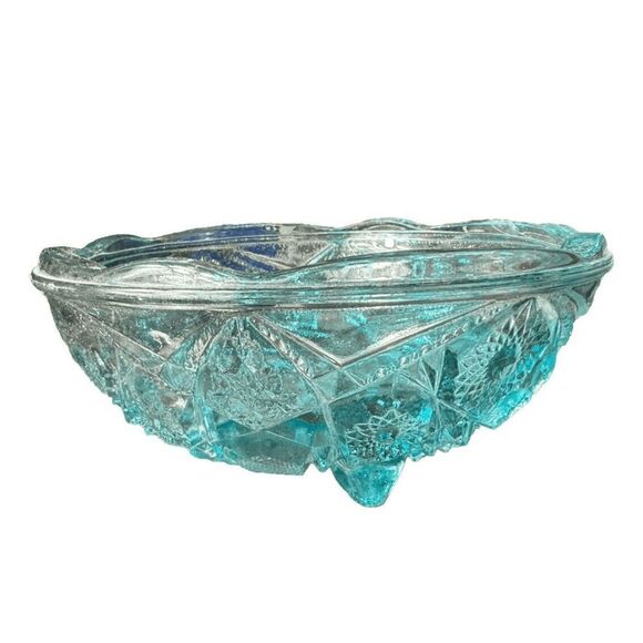 VTG McKee Fentec pattern pressed glass floral/diamond ombre blue bowl/dish - Picture 1 of 4